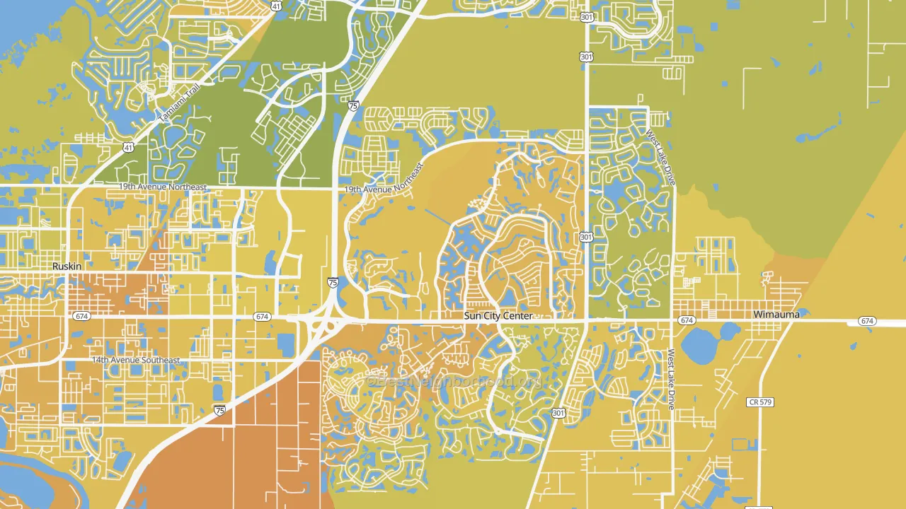 Map of the best neighborhoods in the 33573 area, with better matches in green and worse matches in red