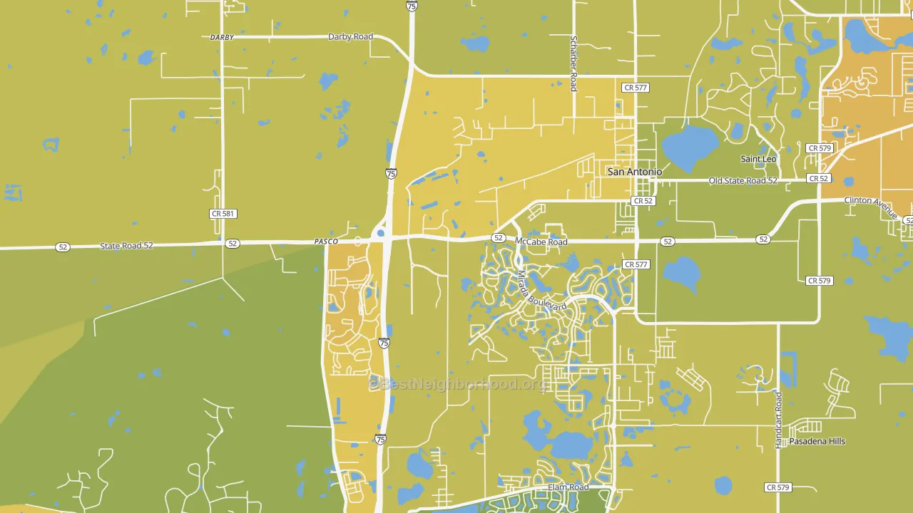 Map of the best neighborhoods in the 33576 area, with better matches in green and worse matches in red