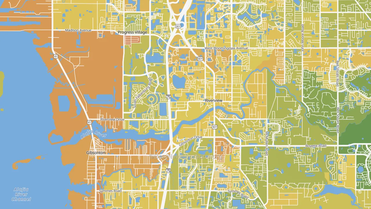 Map of the best neighborhoods in the 33578 area, with better matches in green and worse matches in red