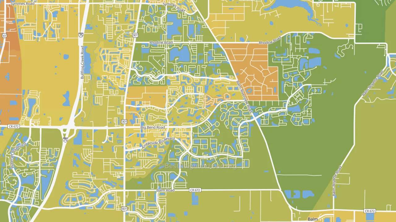 Map of the best neighborhoods in the 33579 area, with better matches in green and worse matches in red