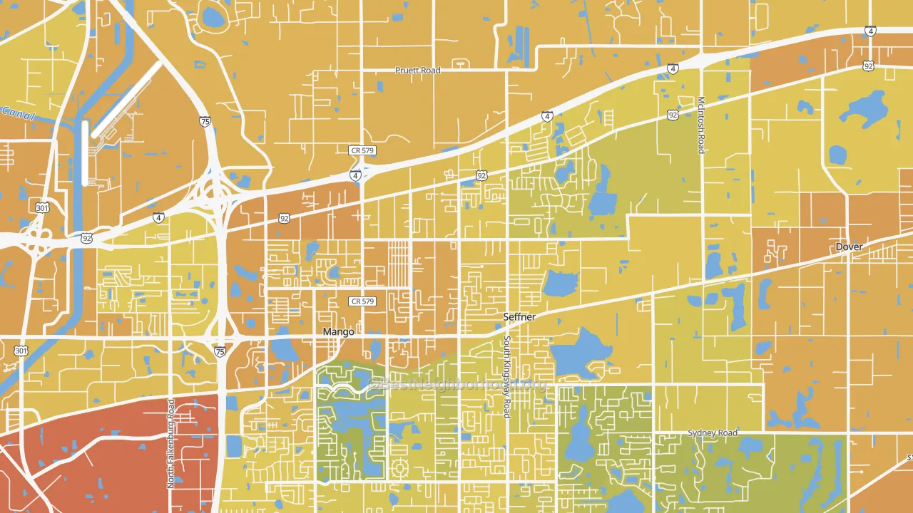 Map of the best neighborhoods in the 33584 area, with better matches in green and worse matches in red