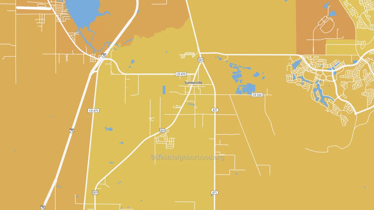 Map of the best neighborhoods in the 33585 area, with better matches in green and worse matches in red