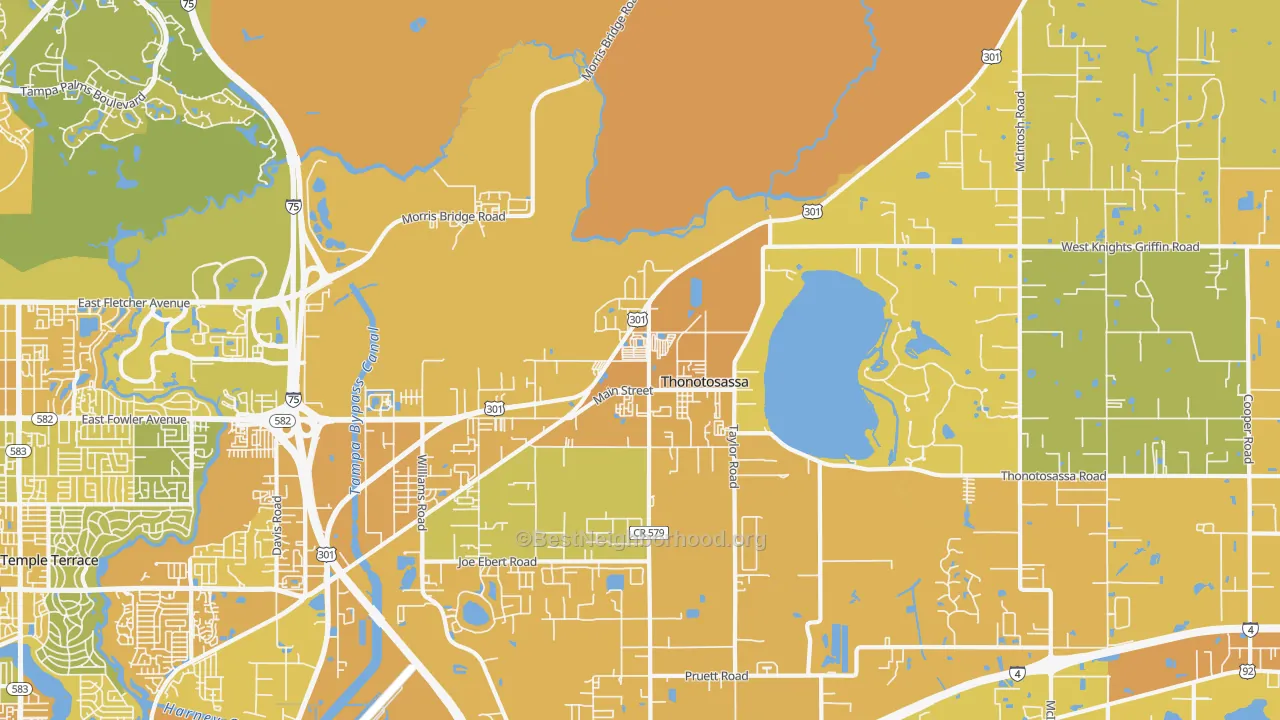 Map of the best neighborhoods in the 33592 area, with better matches in green and worse matches in red