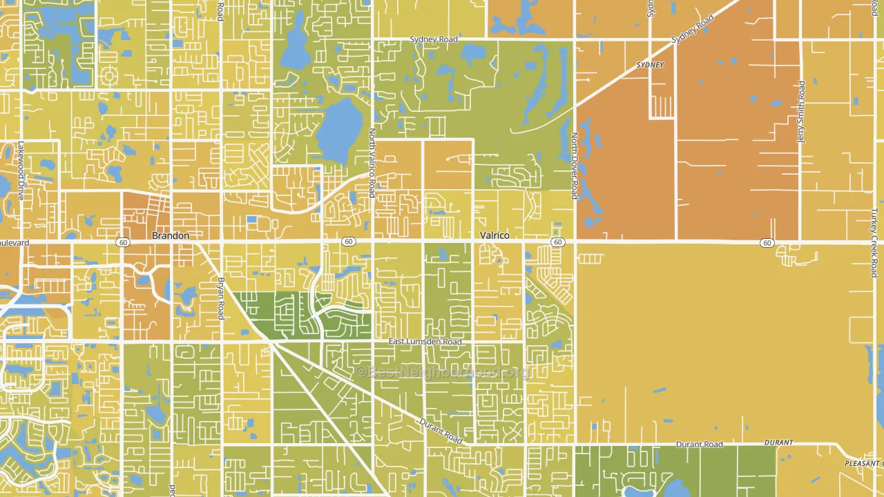 Map of the best neighborhoods in the 33594 area, with better matches in green and worse matches in red