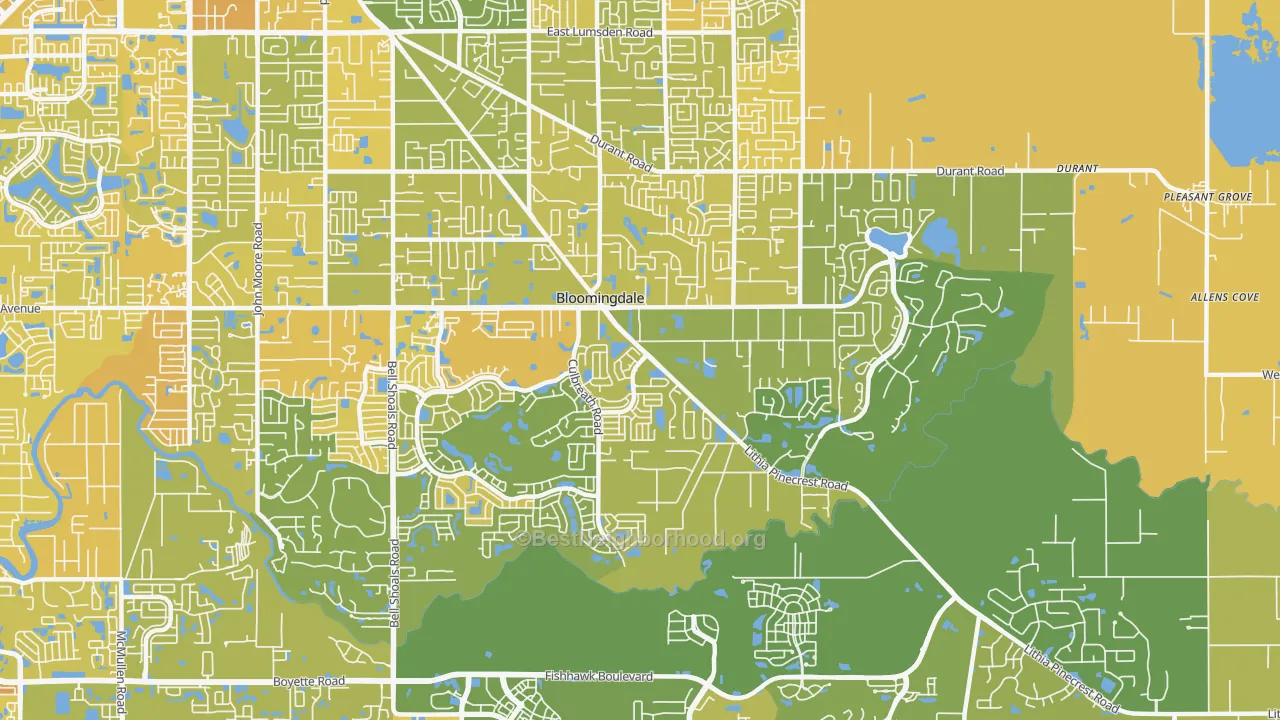 Map of the best neighborhoods in the 33596 area, with better matches in green and worse matches in red