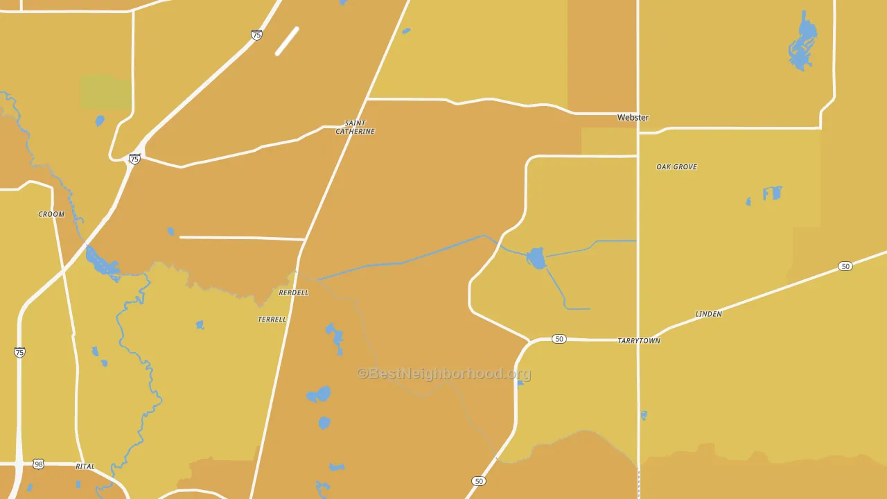 Map of the best neighborhoods in the 33597 area, with better matches in green and worse matches in red