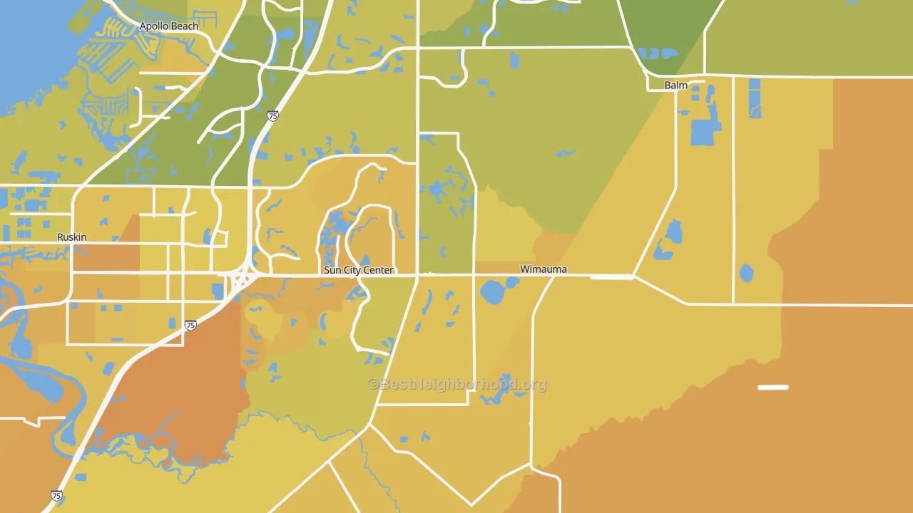 Map of the best neighborhoods in the 33598 area, with better matches in green and worse matches in red