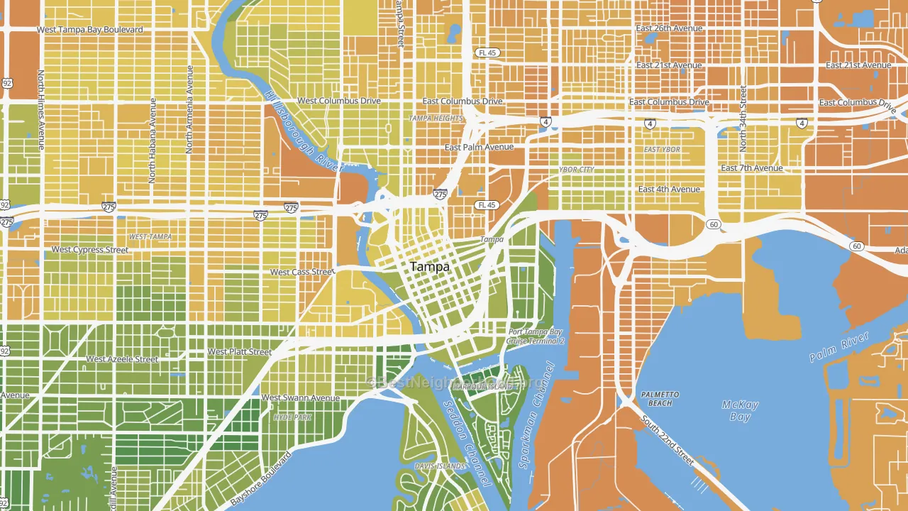 Map of the best neighborhoods in the 33602 area, with better matches in green and worse matches in red