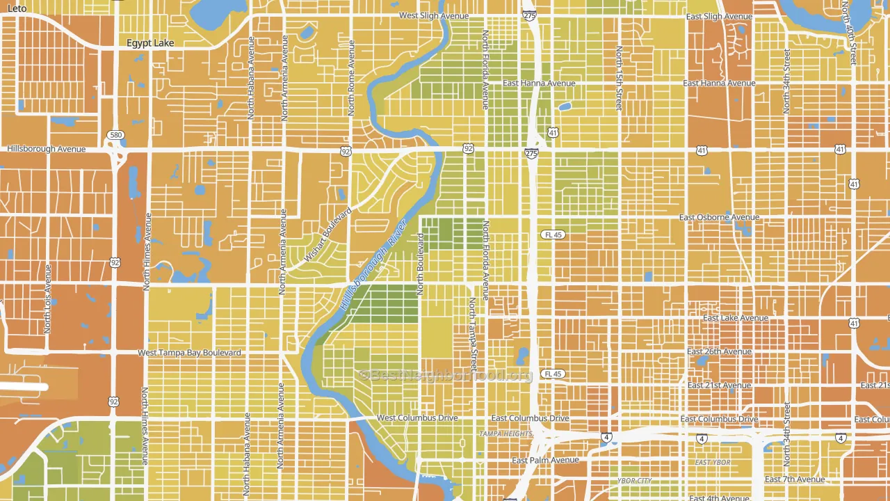 Map of the best neighborhoods in the 33603 area, with better matches in green and worse matches in red