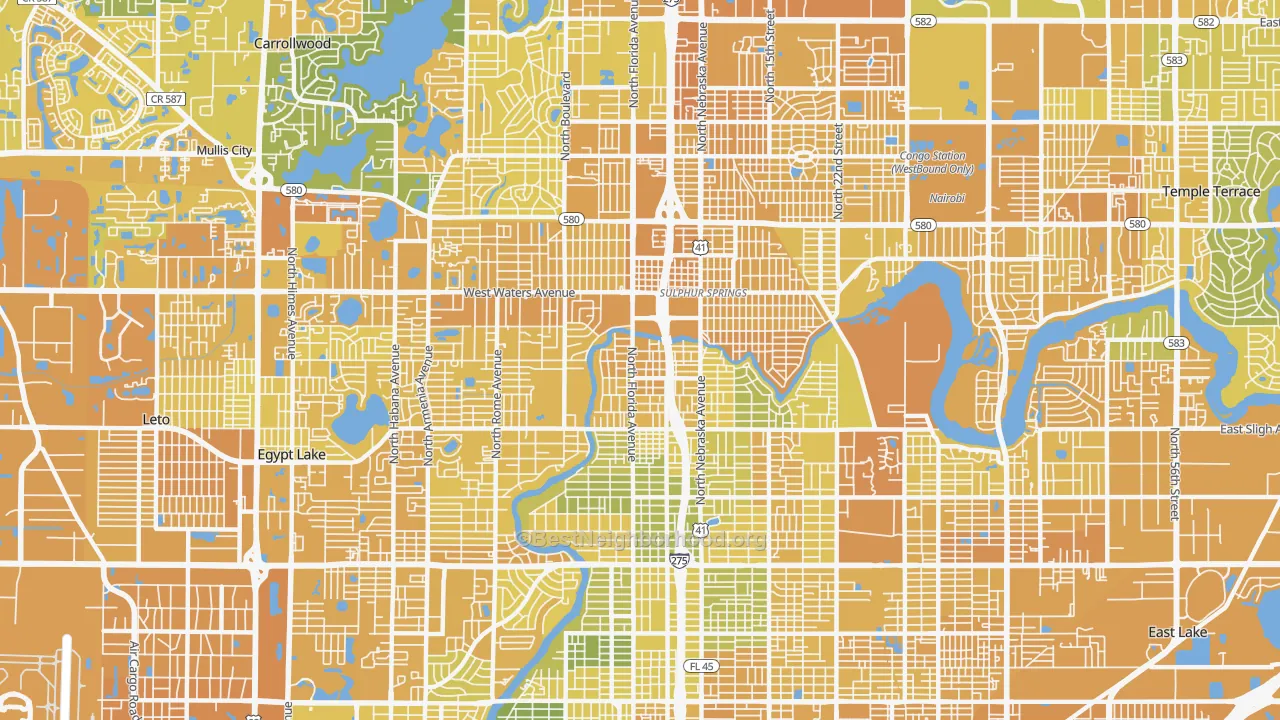 Map of the best neighborhoods in the 33604 area, with better matches in green and worse matches in red