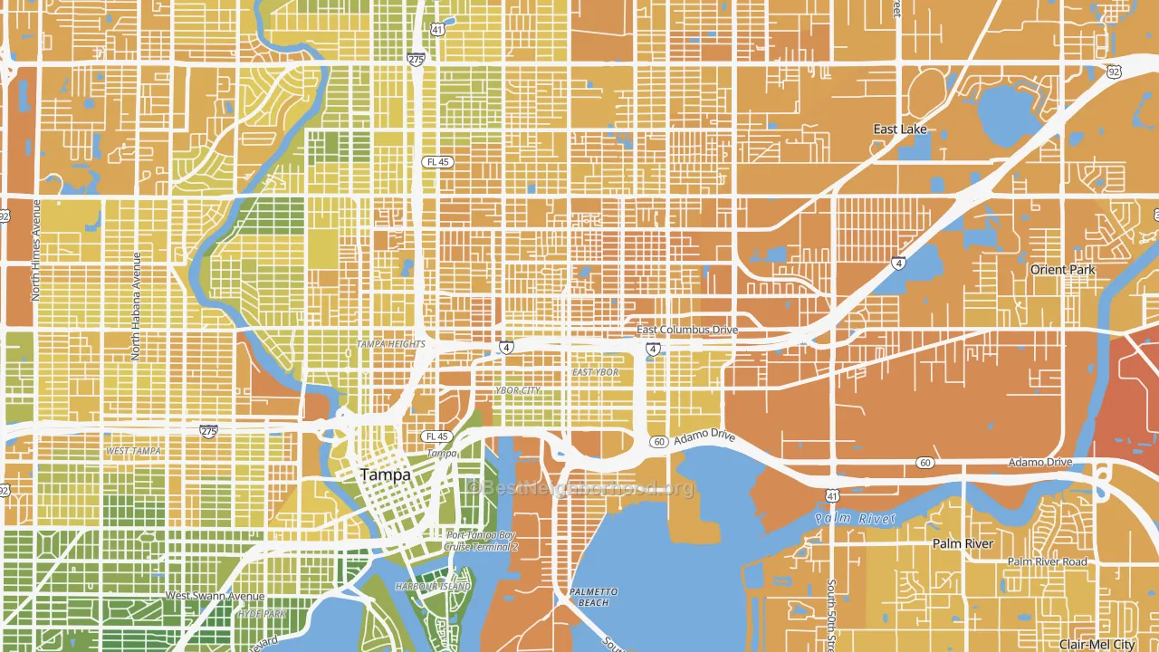 Map of the best neighborhoods in the 33605 area, with better matches in green and worse matches in red