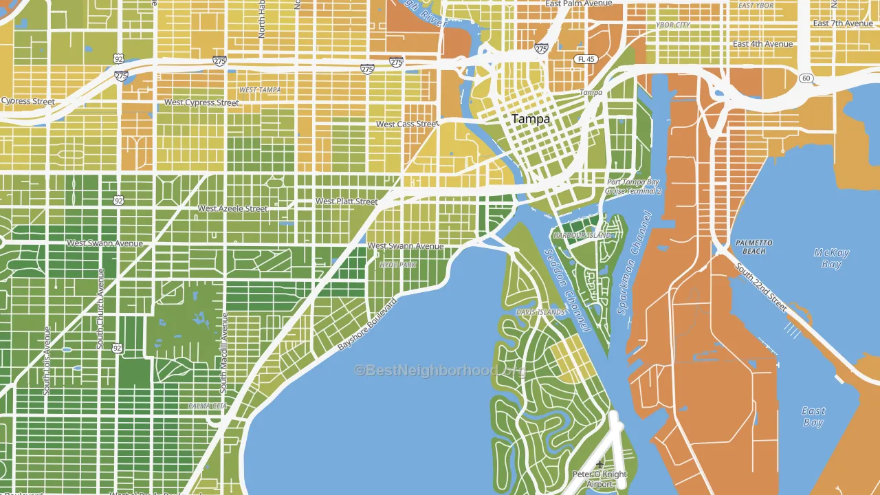 Map of the best neighborhoods in the 33606 area, with better matches in green and worse matches in red