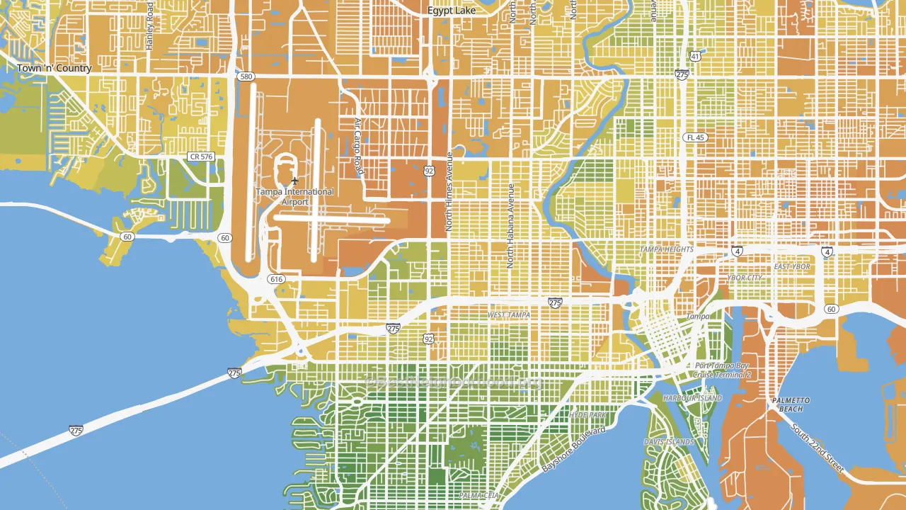 Map of the best neighborhoods in the 33607 area, with better matches in green and worse matches in red