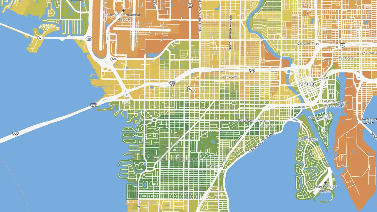 Map of the best neighborhoods in the 33609 area, with better matches in green and worse matches in red