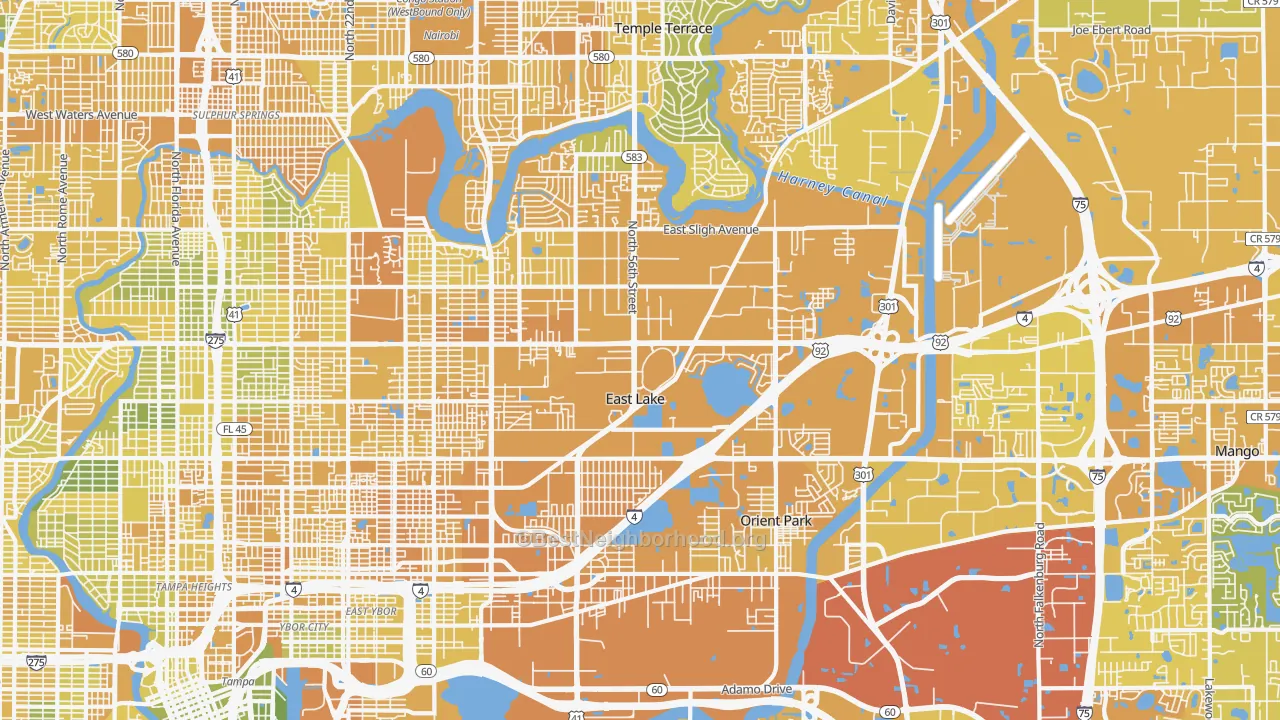 Map of the best neighborhoods in the 33610 area, with better matches in green and worse matches in red