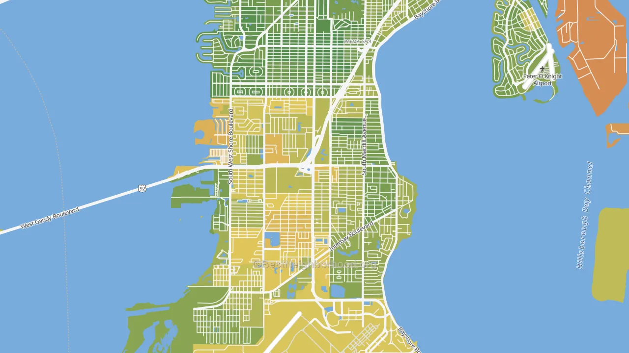 Map of the best neighborhoods in the 33611 area, with better matches in green and worse matches in red