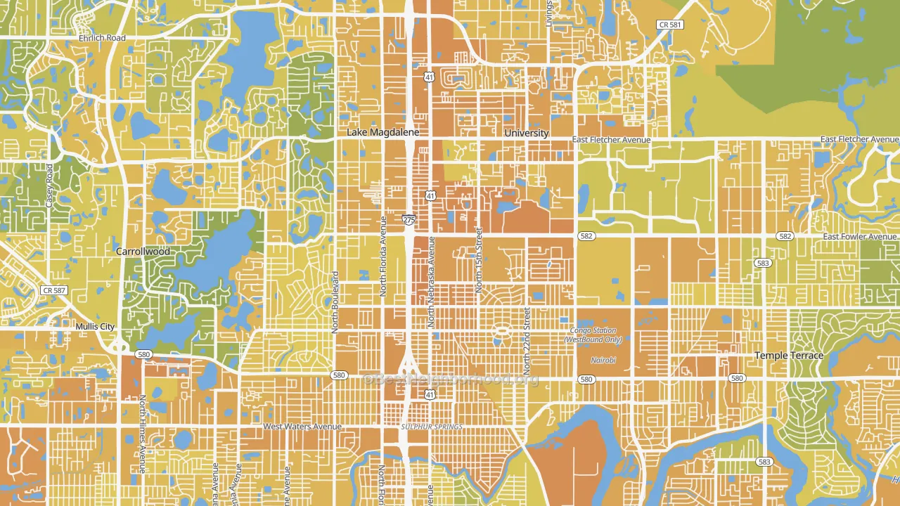 Map of the best neighborhoods in the 33612 area, with better matches in green and worse matches in red