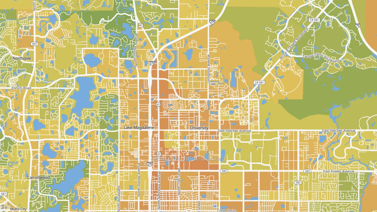 Map of the best neighborhoods in the 33613 area, with better matches in green and worse matches in red