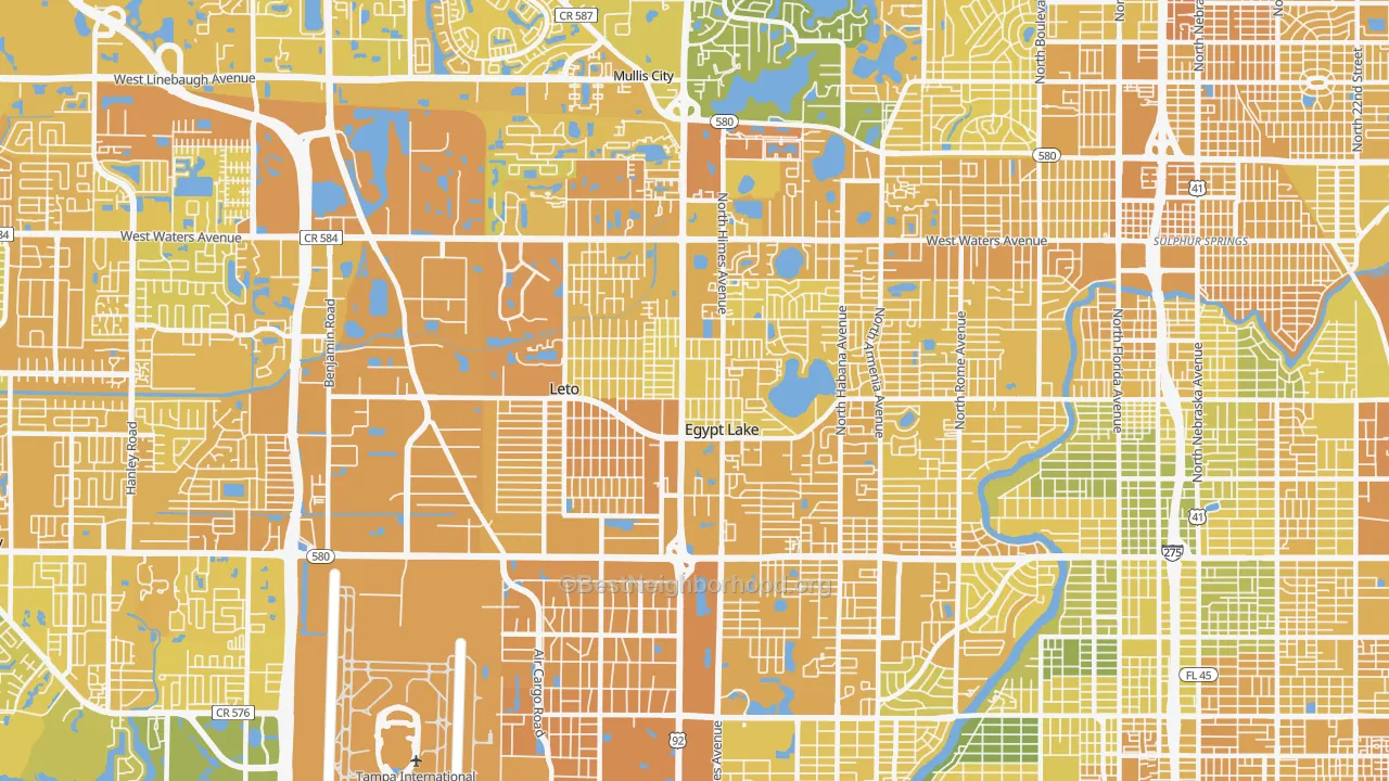 Map of the best neighborhoods in the 33614 area, with better matches in green and worse matches in red