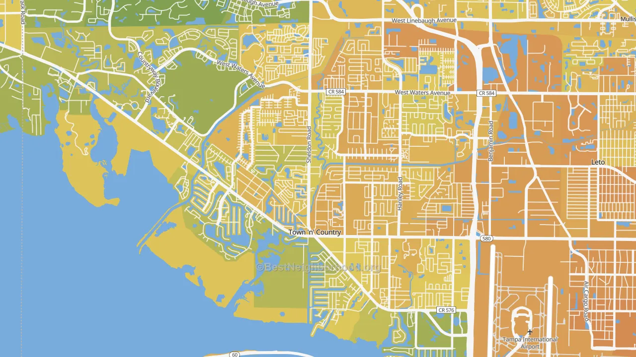 Map of the best neighborhoods in the 33615 area, with better matches in green and worse matches in red