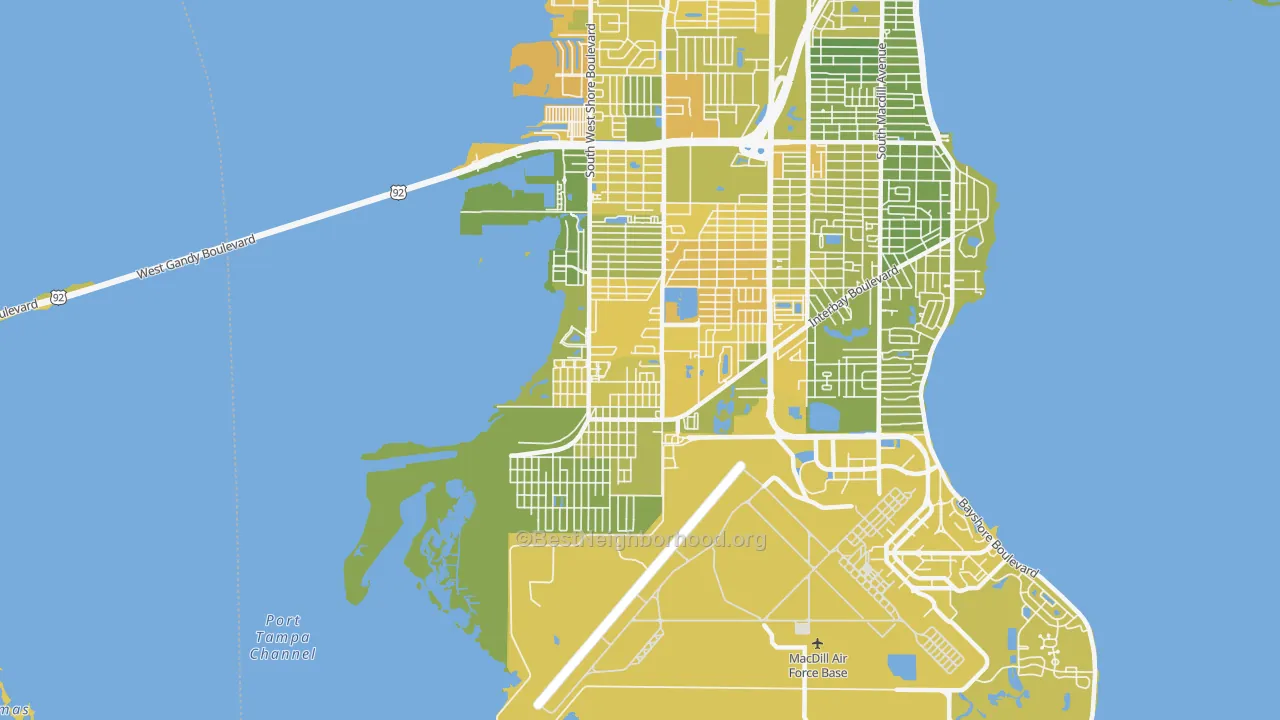 Map of the best neighborhoods in the 33616 area, with better matches in green and worse matches in red