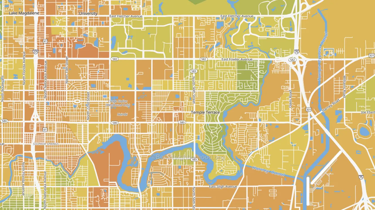 Map of the best neighborhoods in the 33617 area, with better matches in green and worse matches in red