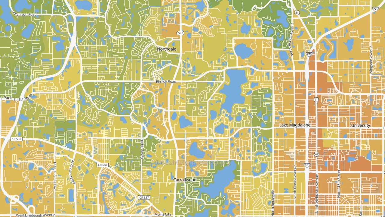 Map of the best neighborhoods in the 33618 area, with better matches in green and worse matches in red