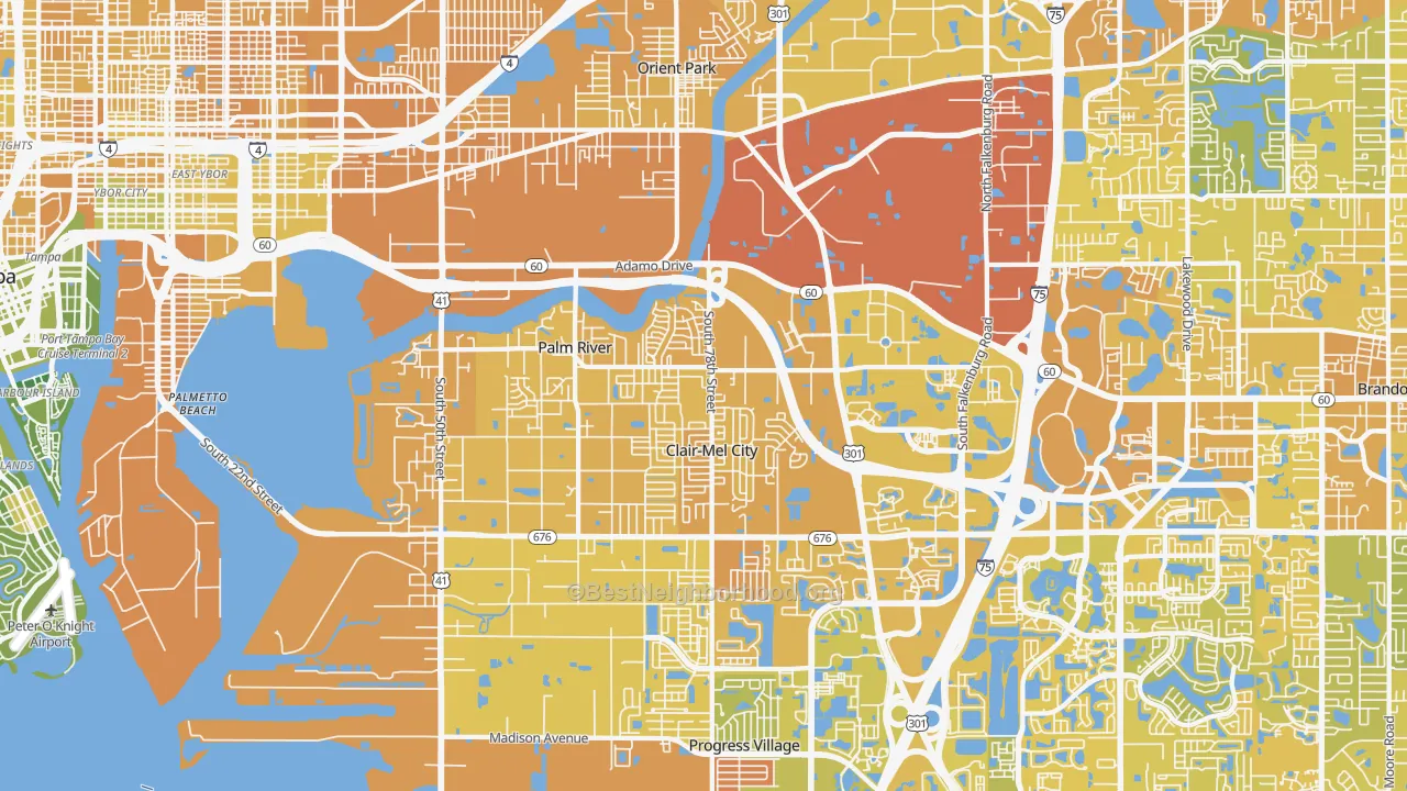 Map of the best neighborhoods in the 33619 area, with better matches in green and worse matches in red