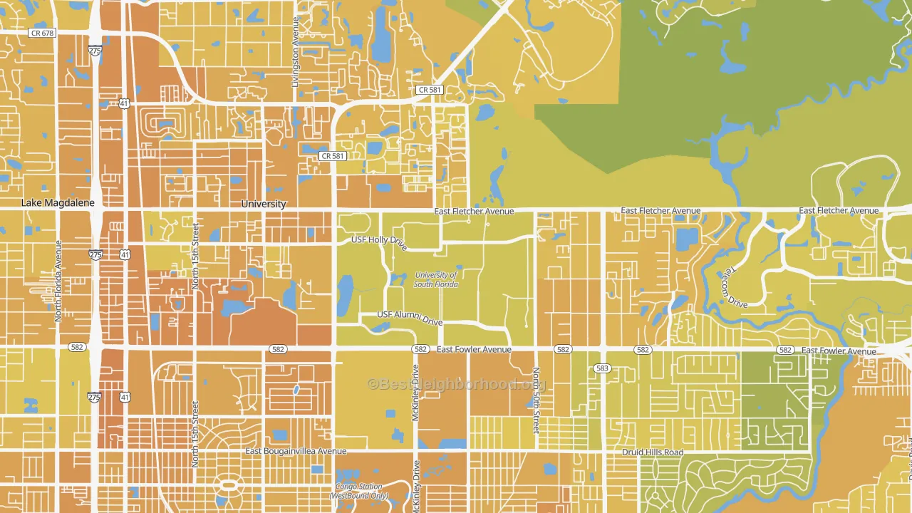 Map of the best neighborhoods in the 33620 area, with better matches in green and worse matches in red