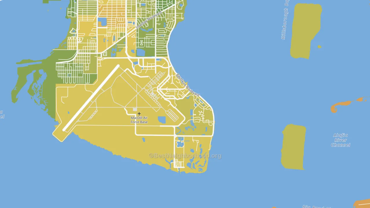 Map of the best neighborhoods in the 33621 area, with better matches in green and worse matches in red