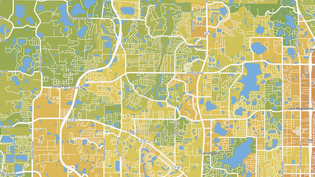 Map of the best neighborhoods in the 33624 area, with better matches in green and worse matches in red