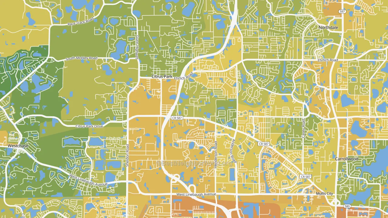 Map of the best neighborhoods in the 33625 area, with better matches in green and worse matches in red