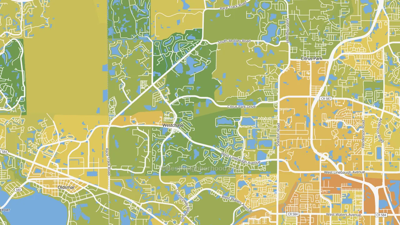 Map of the best neighborhoods in the 33626 area, with better matches in green and worse matches in red
