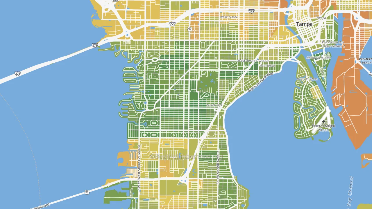 Map of the best neighborhoods in the 33629 area, with better matches in green and worse matches in red