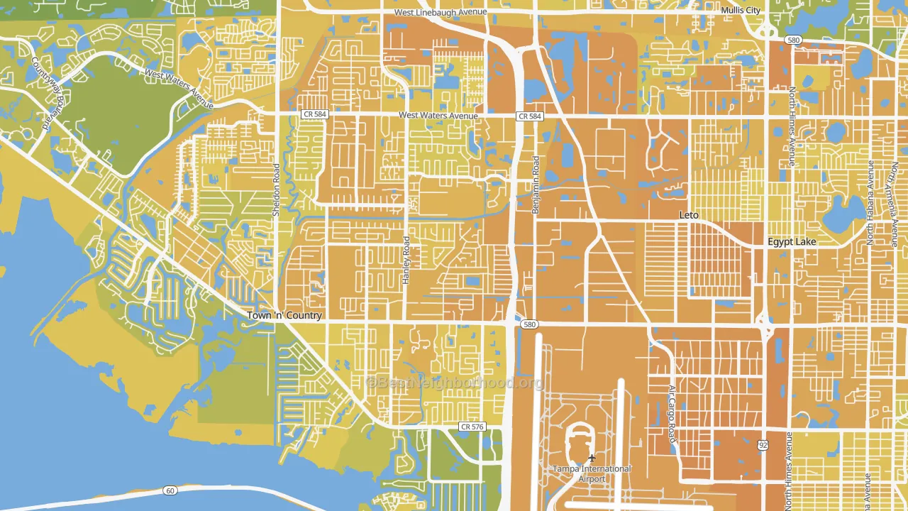 Map of the best neighborhoods in the 33634 area, with better matches in green and worse matches in red
