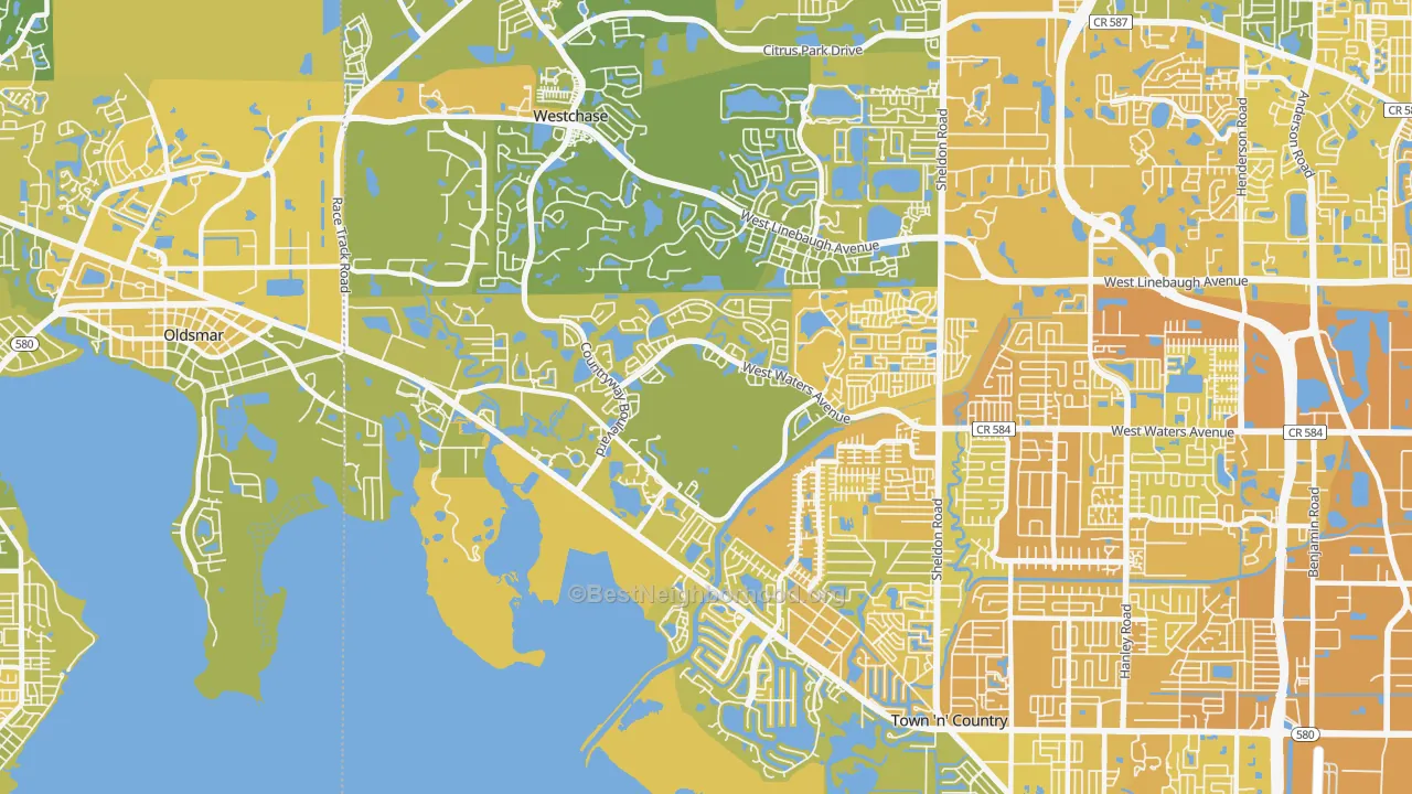 Map of the best neighborhoods in the 33635 area, with better matches in green and worse matches in red