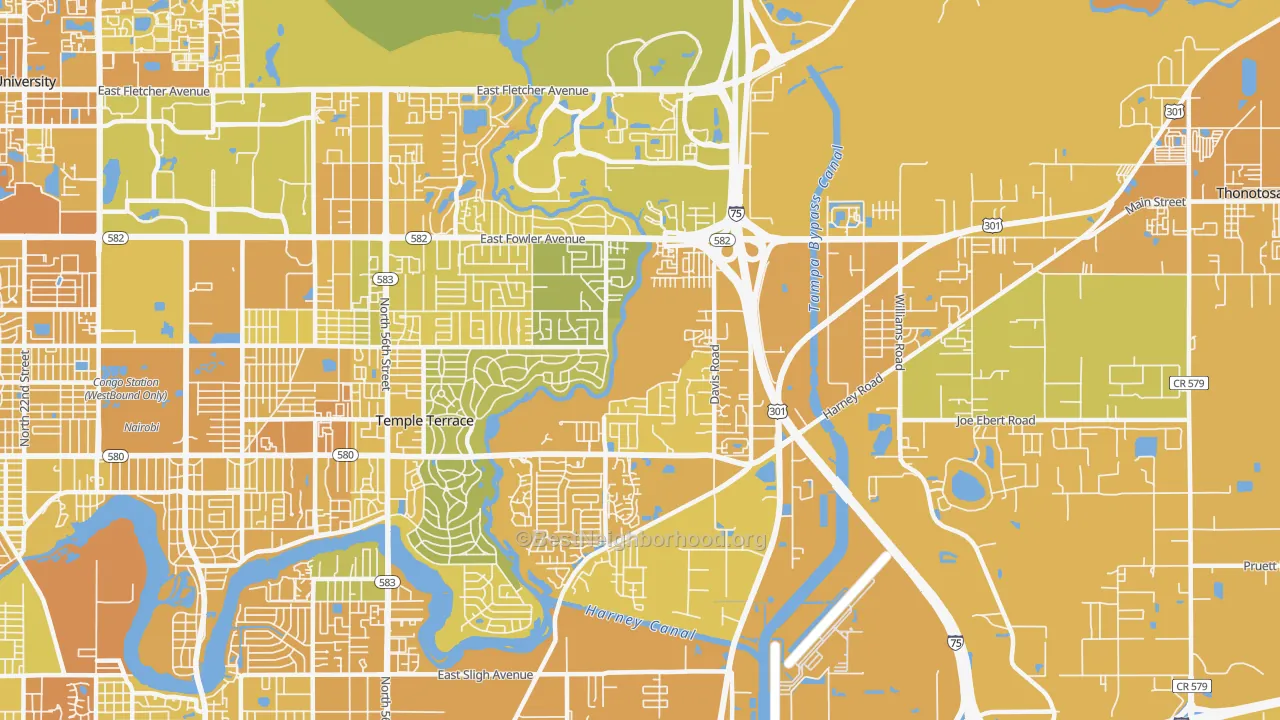 Map of the best neighborhoods in the 33637 area, with better matches in green and worse matches in red