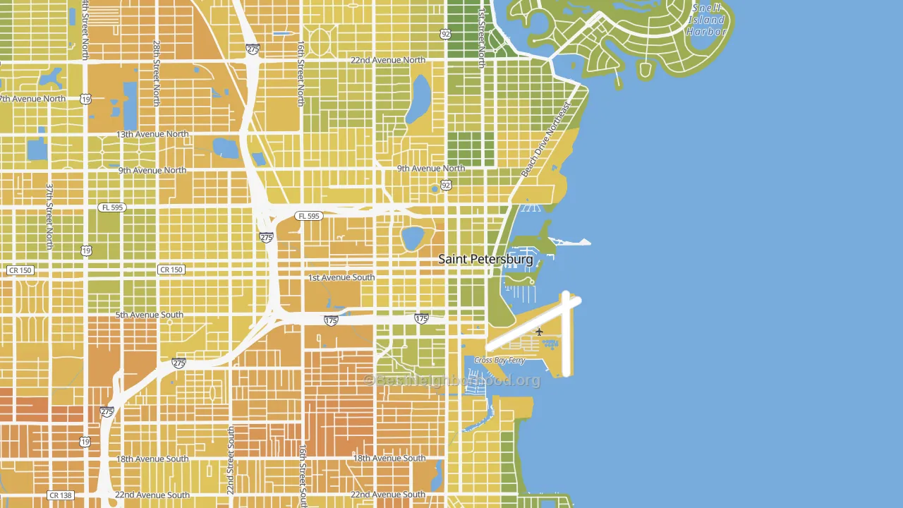 Map of the best neighborhoods in the 33701 area, with better matches in green and worse matches in red