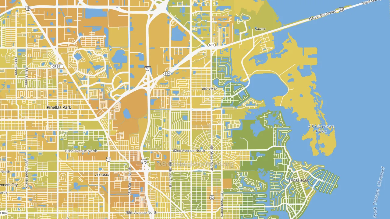 Map of the best neighborhoods in the 33702 area, with better matches in green and worse matches in red