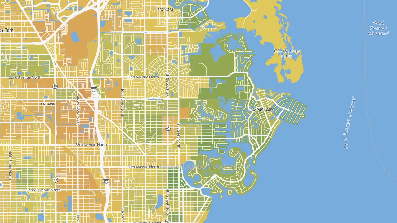 Map of the best neighborhoods in the 33703 area, with better matches in green and worse matches in red