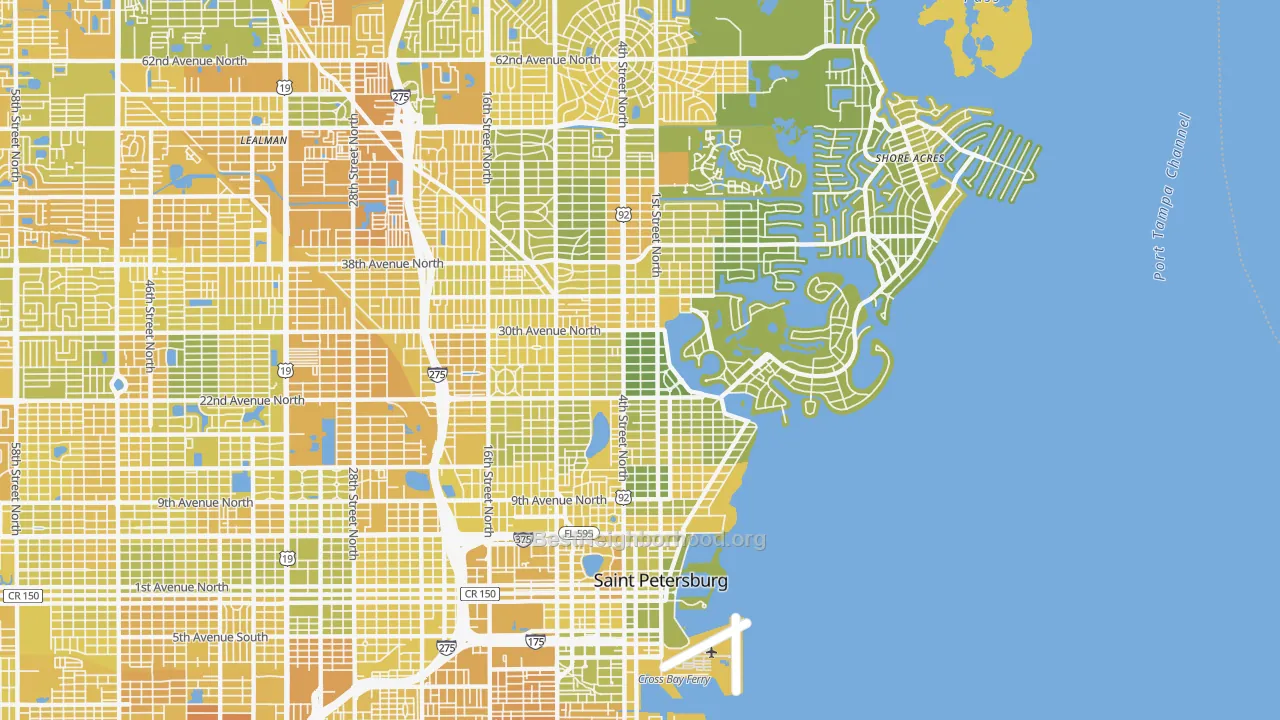 Map of the best neighborhoods in the 33704 area, with better matches in green and worse matches in red