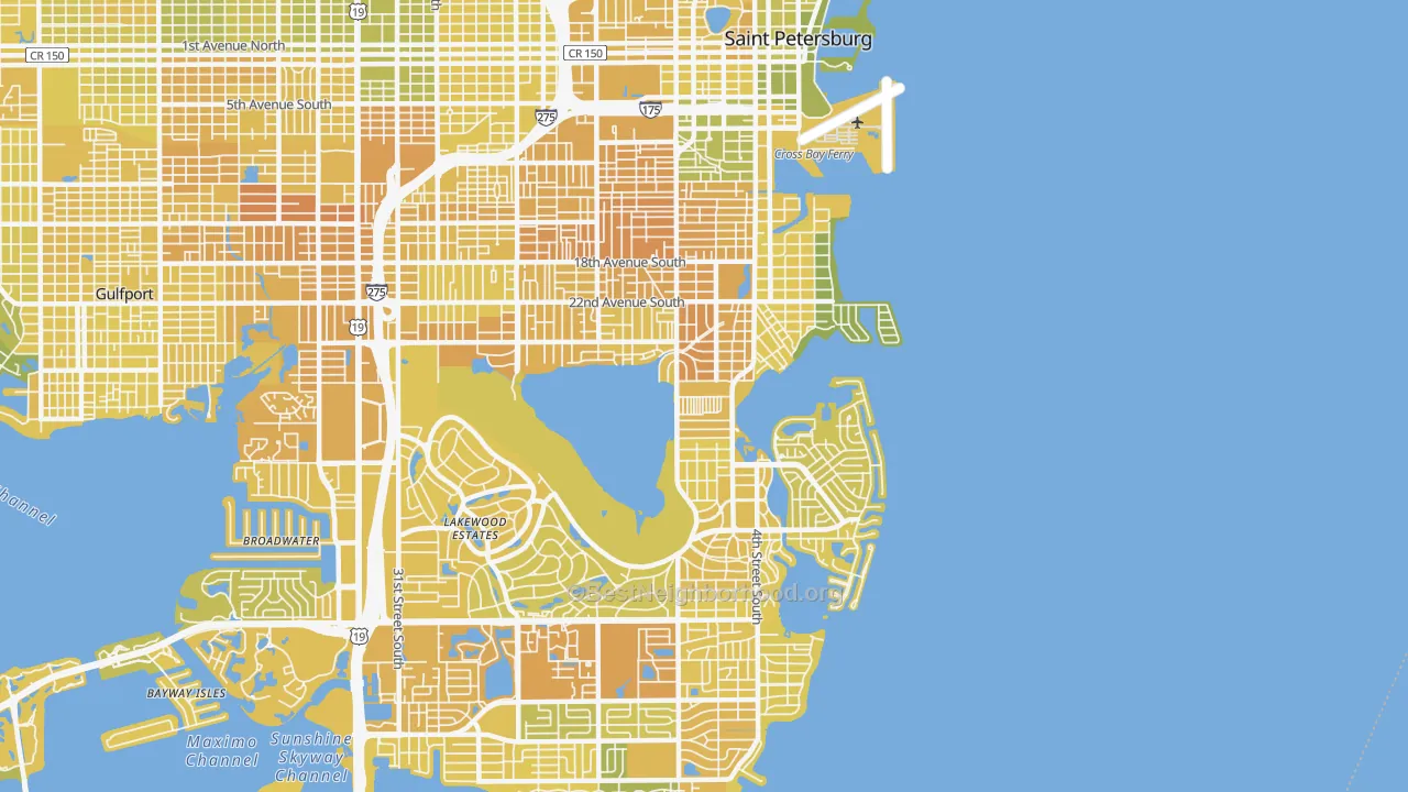 Map of the best neighborhoods in the 33705 area, with better matches in green and worse matches in red