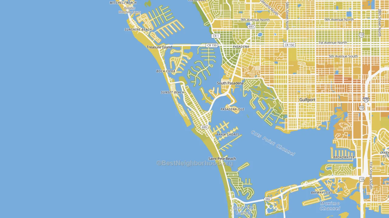 Map of the best neighborhoods in the 33706 area, with better matches in green and worse matches in red