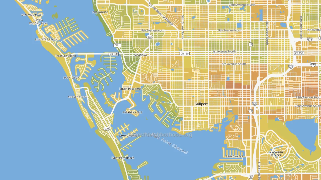 Map of the best neighborhoods in the 33707 area, with better matches in green and worse matches in red