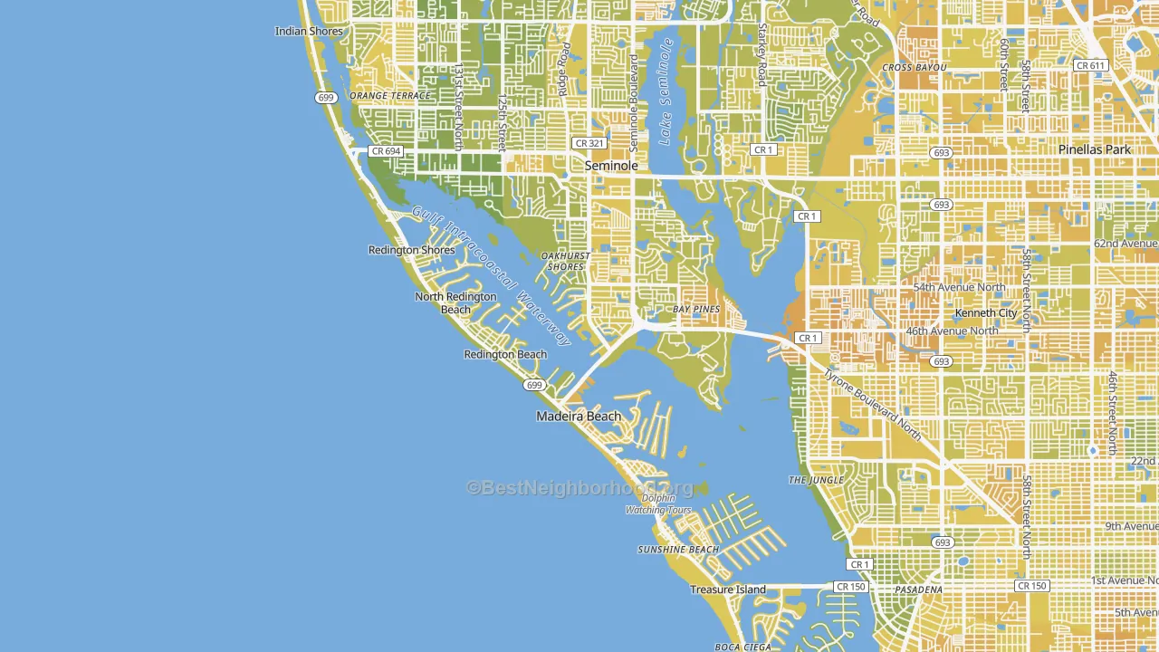 Map of the best neighborhoods in the 33708 area, with better matches in green and worse matches in red