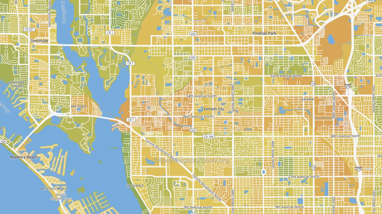 Map of the best neighborhoods in the 33709 area, with better matches in green and worse matches in red