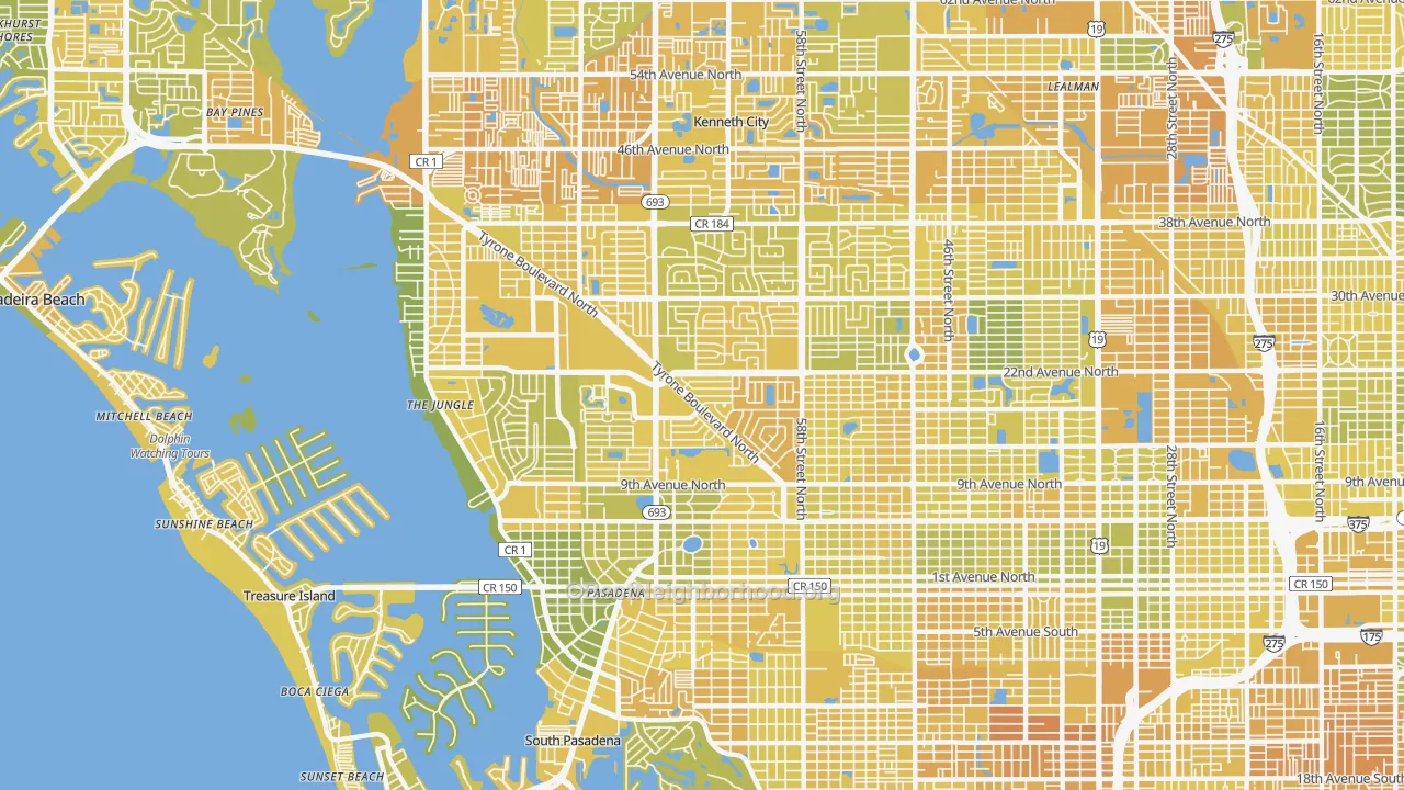 Map of the best neighborhoods in the 33710 area, with better matches in green and worse matches in red