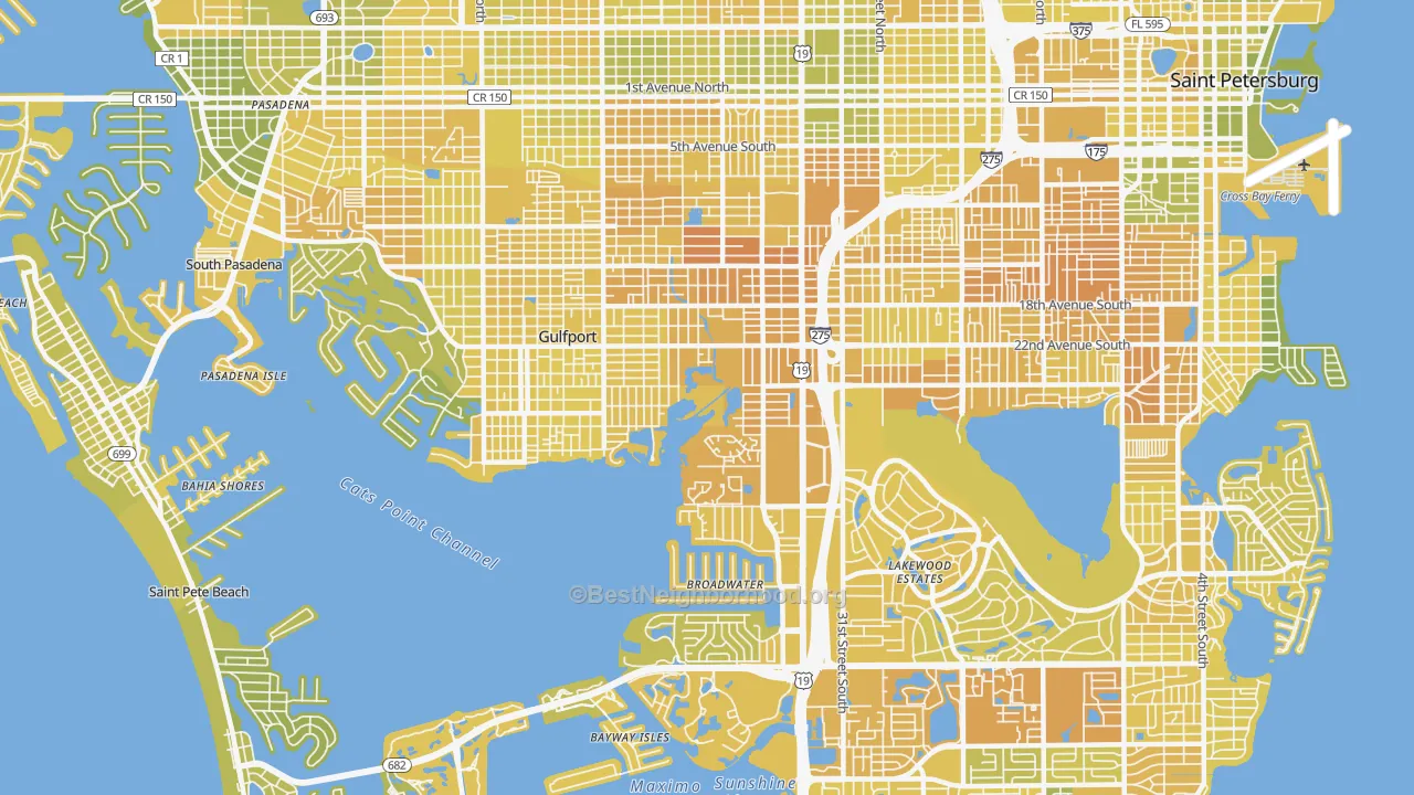 Map of the best neighborhoods in the 33711 area, with better matches in green and worse matches in red