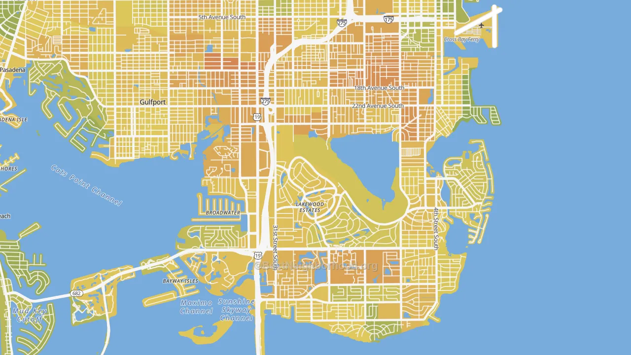 Map of the best neighborhoods in the 33712 area, with better matches in green and worse matches in red
