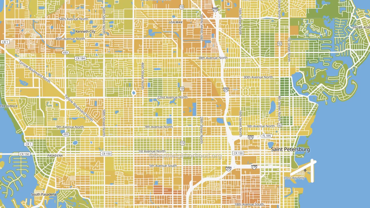 Map of the best neighborhoods in the 33713 area, with better matches in green and worse matches in red